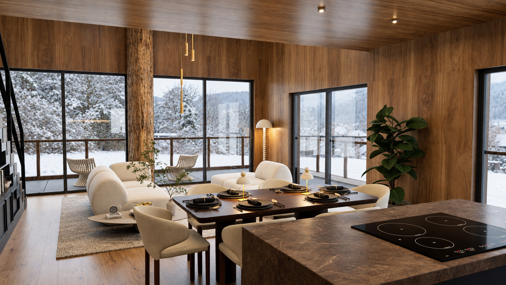 Projet Chalet et Mezzanine : séjour et salle à manger ouverts, avec finitions en bois